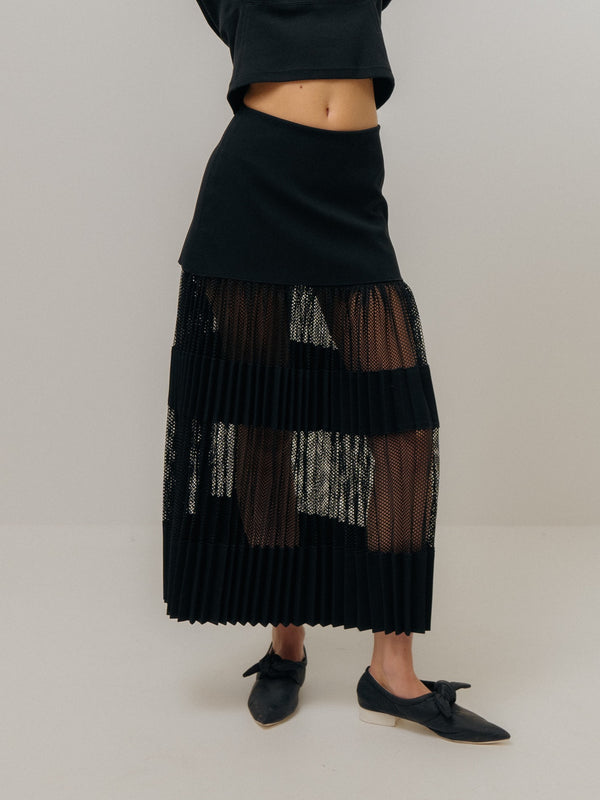 Emin Paul Black Pleated Mesh Skirt