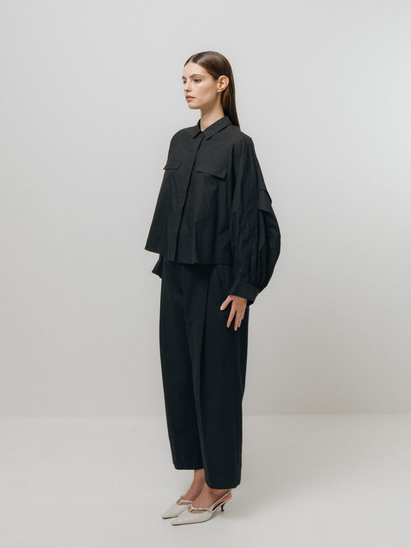 Emin Paul Black Pleated Sleeve Cropped Blouse