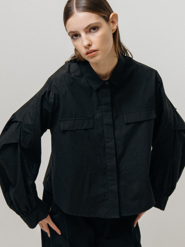 Emin Paul Black Pleated Sleeve Cropped Blouse