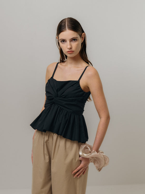 Emin Paul Black Tie-Front Peplum Top