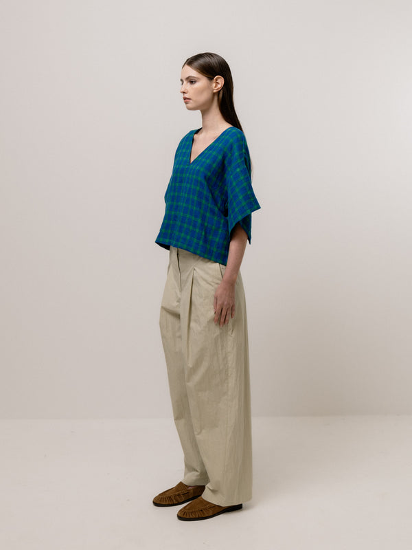 Emin Paul Blue-Check Boxy V-Neck Blouse