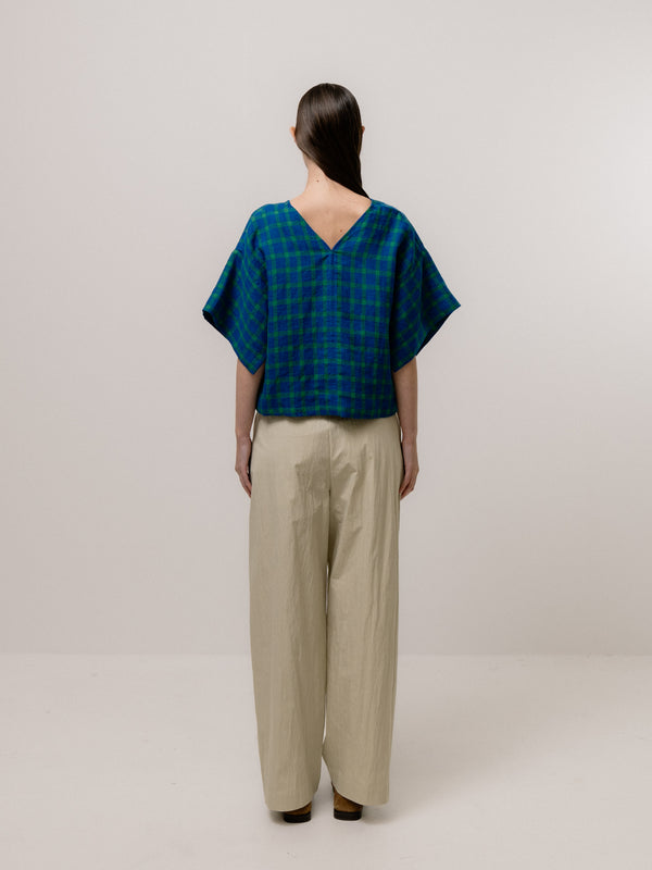 Emin Paul Blue-Check Boxy V-Neck Blouse