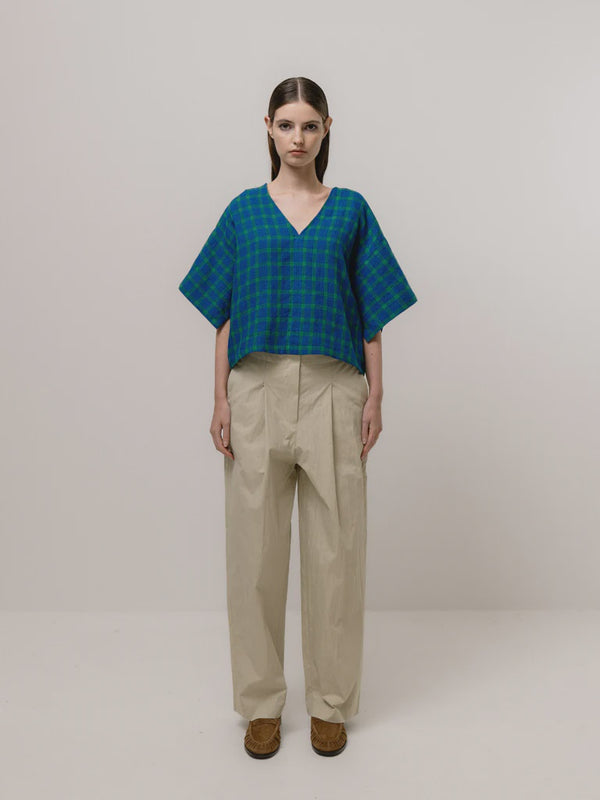 emin paul Blue-Check Boxy V-Neck Blouse