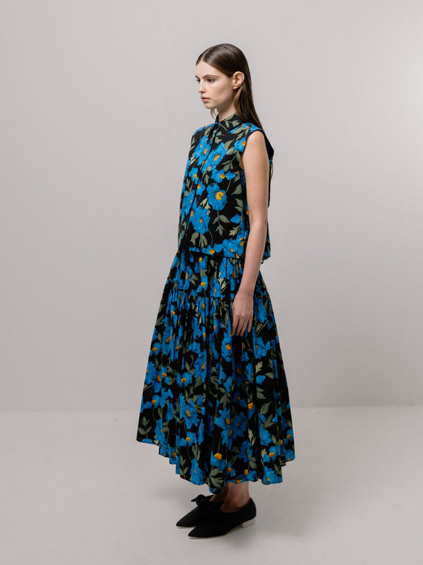Emin Paul Blue Flower-Printed Volume Maxi Skirt