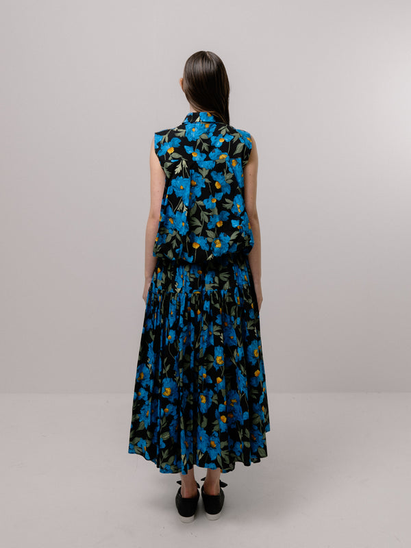 Emin Paul Blue Flower-Printed Volume Maxi Skirt