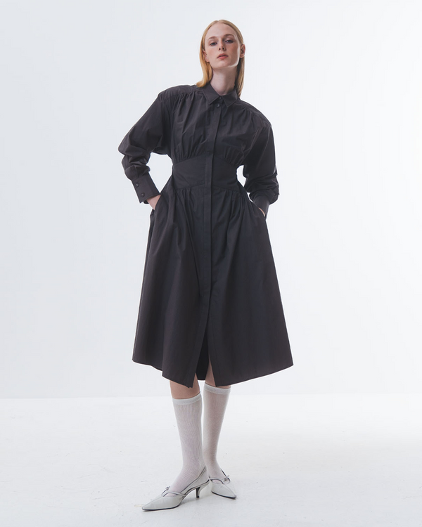 Emin Paul Charcoal Cinched Waist Cotton Dress