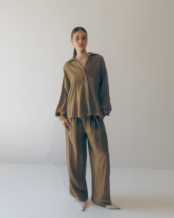 Emin Paul Khaki Curved Hem Blouse
