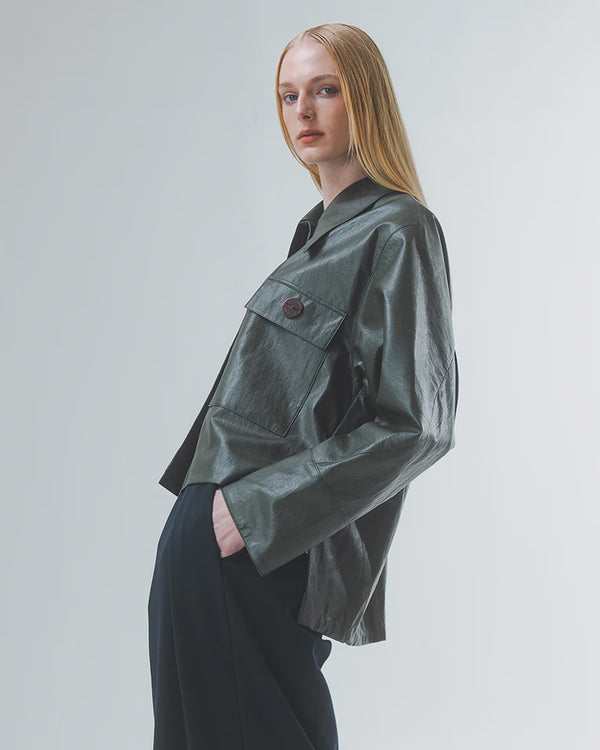 Emin Paul Khaki High-Low Vegan Leather Jacket