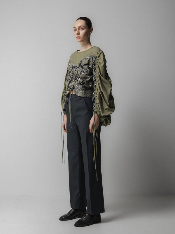 Emin Paul Khaki Ruched Long Sleeve Tie Top