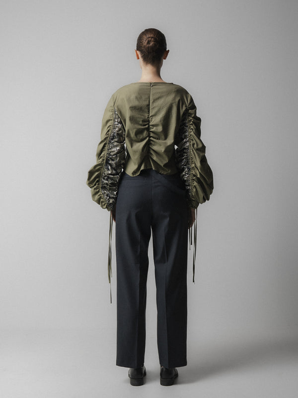 Emin Paul Khaki Ruched Long Sleeve Tie Top