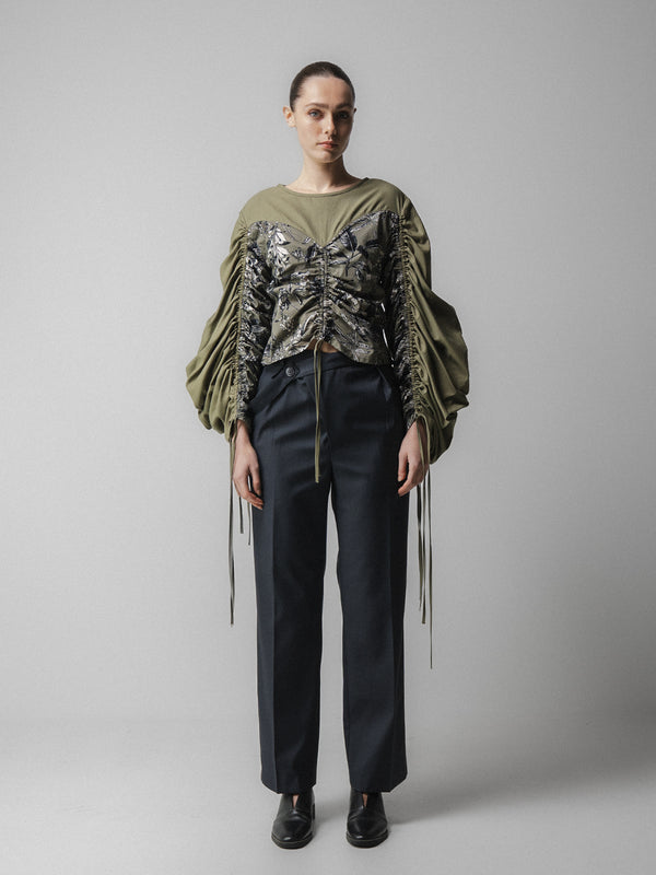 emin paul Khaki Ruched Long Sleeve Tie Top