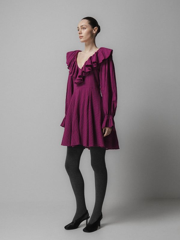 Emin Paul Magenta Ruffle Collar Mini Dress