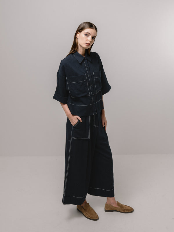 Emin Paul Navy Contrast Stitch Short Sleeve Blouse