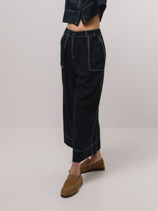 Emin Paul Navy Contrast Stitch Wide Leg Trousers