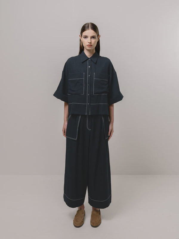 emin paul Navy Contrast Stitch Wide Leg Trousers