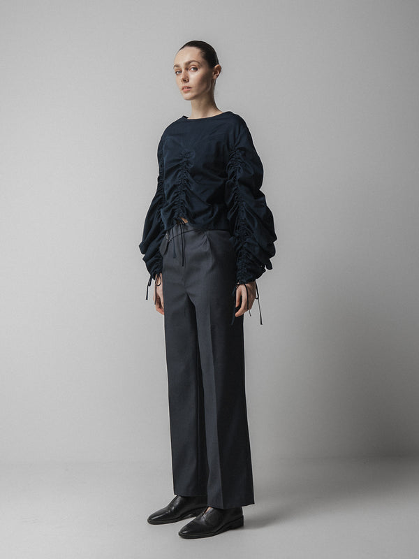 Emin Paul Navy Ruched Long Sleeve Tie Top