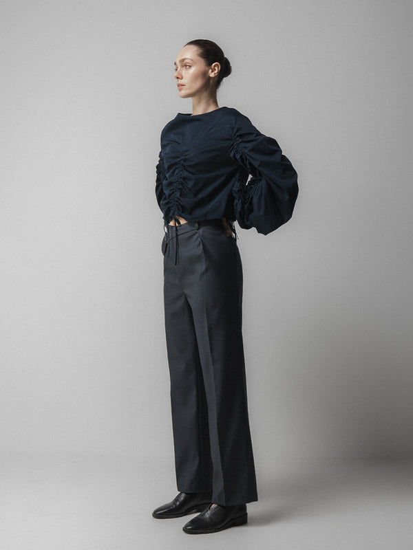 Emin Paul Navy Ruched Long Sleeve Tie Top