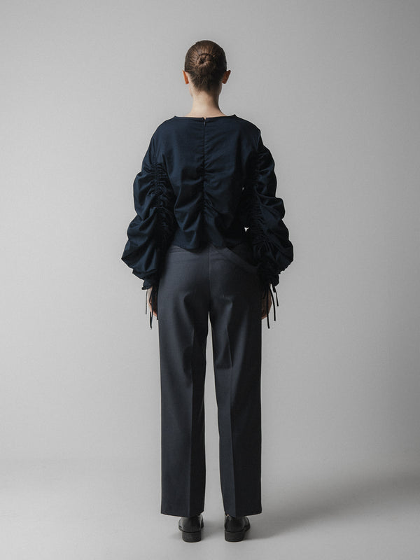 Emin Paul Navy Ruched Long Sleeve Tie Top