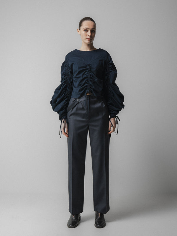 emin paul Navy Ruched Long Sleeve Tie Top