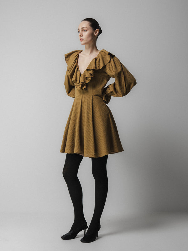 Emin Paul Olive Ruffle Collar Mini Dress