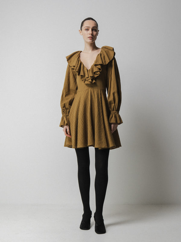 emin paul Olive Ruffle Collar Mini Dress