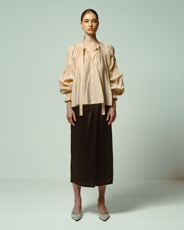 Emin Paul Sand Ruched Tie-Neck Blouse