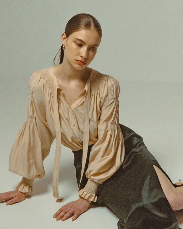 emin paul Sand Ruched Tie-Neck Blouse
