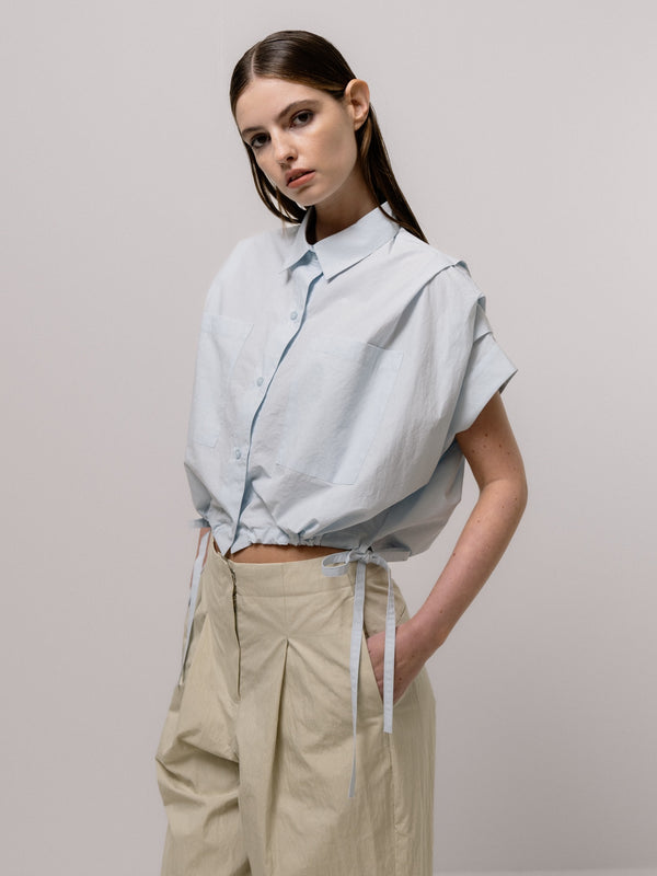Emin Paul Sky Cropped Pleated Sleeve Blouse