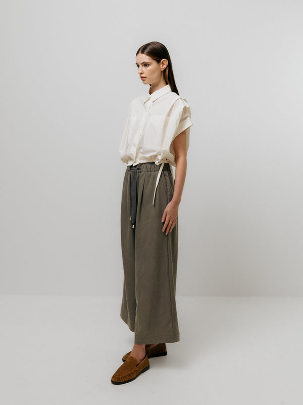 Emin Paul White Cropped Pleated Sleeve Blouse