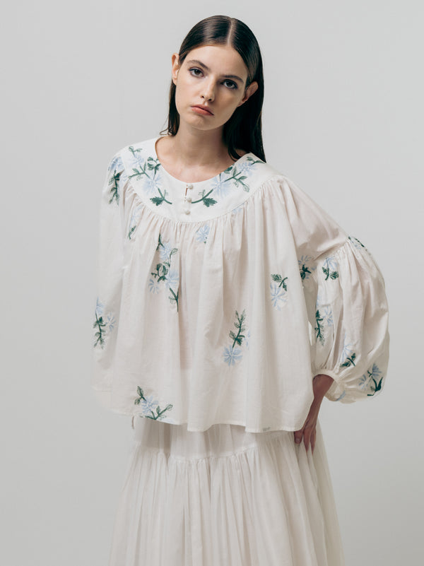 Emin Paul White Embroidered Balloon Blouse