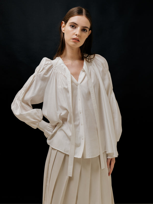 Emin Paul White Ruched Tie-Neck Blouse