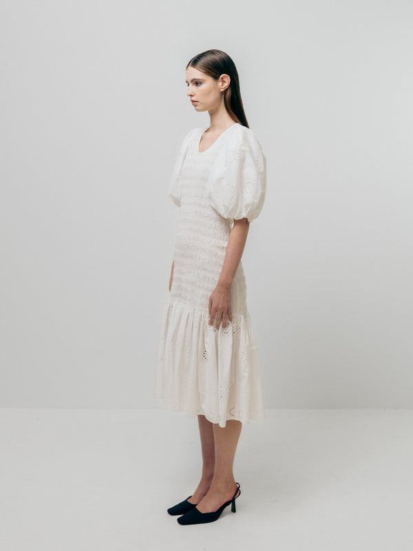 Emin Paul White Smocked Midi Dress