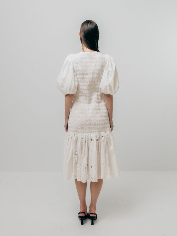 Emin Paul White Smocked Midi Dress