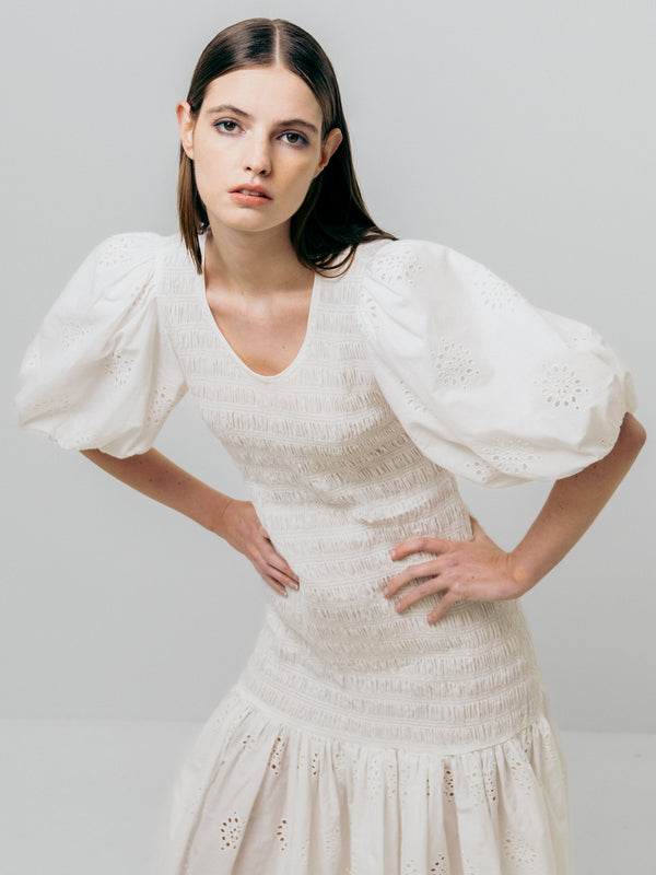 Emin Paul White Smocked Midi Dress