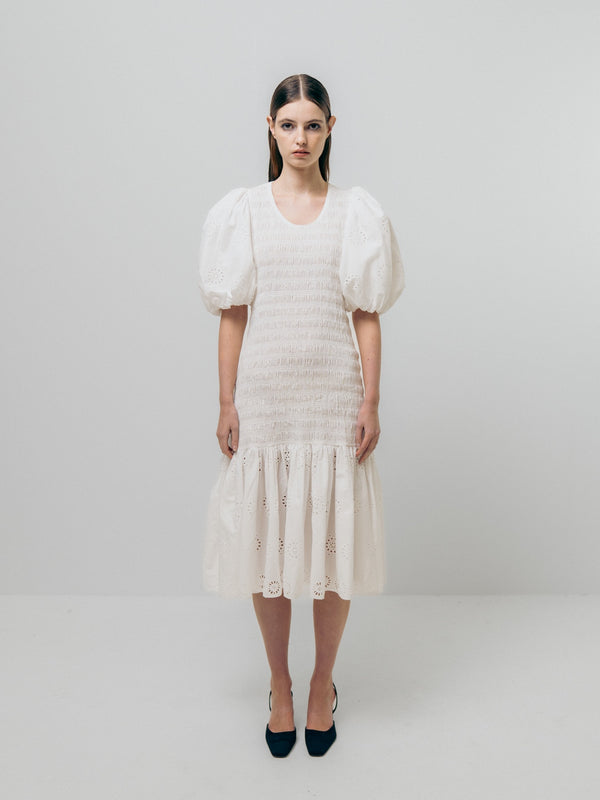 emin paul White Smocked Midi Dress