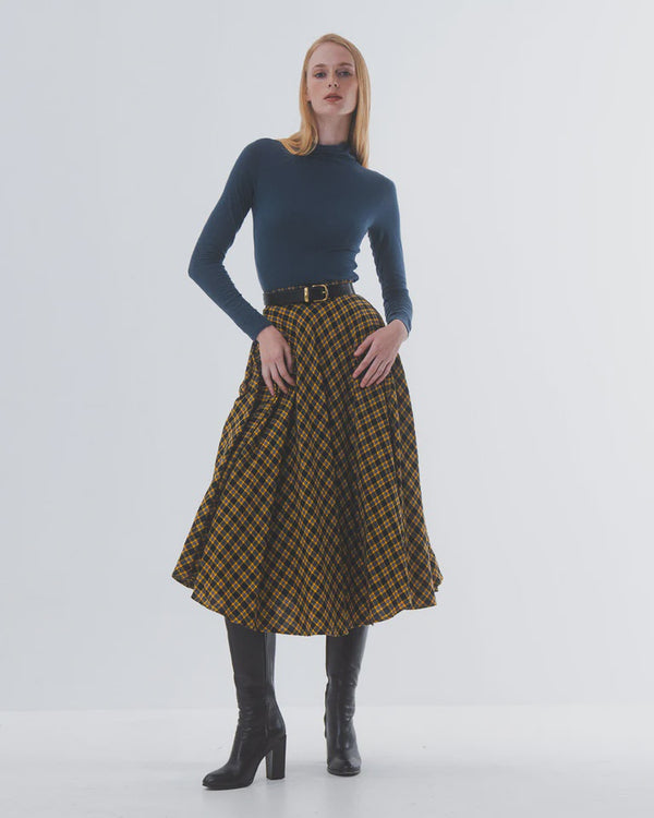 emin paul Yellow-Check A-Line Cotton Skirt