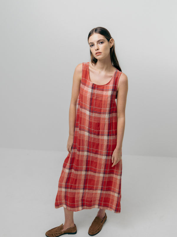 Emin Paul Red Check Scoop Neck Dress With Adjustable Straps