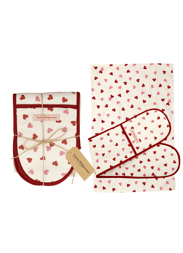 emma bridgewater Pink Hearts Tea Towel & Double Oven Glove Set