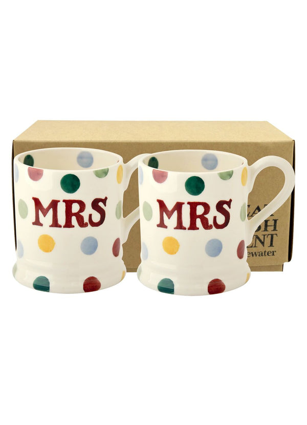 Emma Bridgewater Polka Dot 'Mrs & Mrs' Set Of 2 1/2 Pint Mugs Boxed