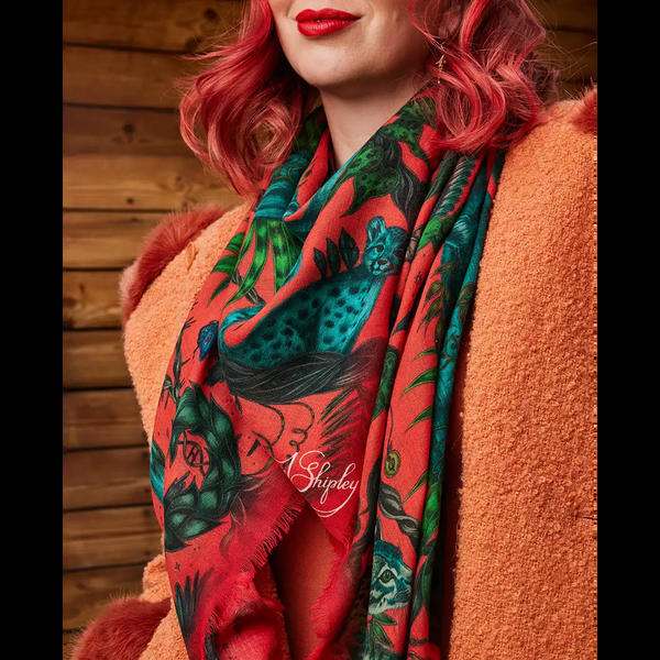 Emma J Shipley Bosque Dreams Fine Wool Scarf - Red Leopard