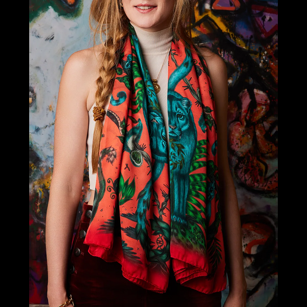 Emma J Shipley Bosque Dreams Silk Chiffon Scarf - Red Leopard