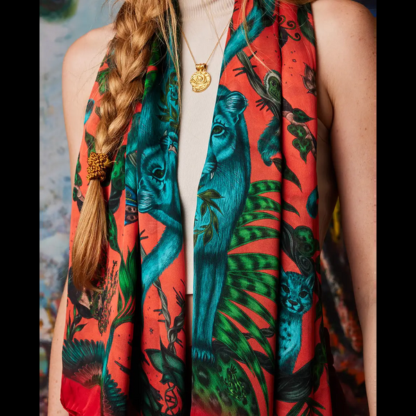 Emma J Shipley Bosque Dreams Silk Chiffon Scarf - Red Leopard