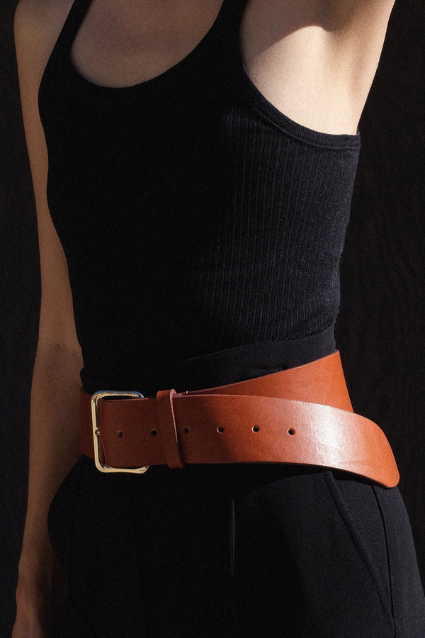 Emme Parsons Largo Belt In Chestnut With Gold Buckle — Exclusive