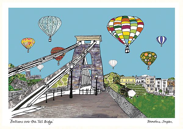 emmeline simpson Balloons over the Toll Bridge Bristol A3 Print