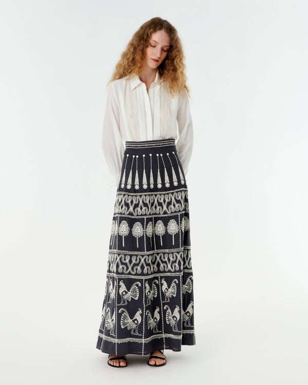 emporio sirenuse Camille Skirt with Greek Rooster Embroidery