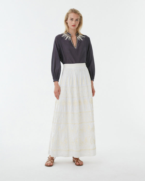 emporio sirenuse Camille Skirt with Greek Rooster Embroidery