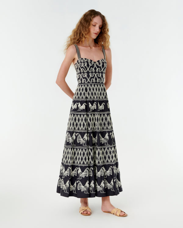 emporio sirenuse Elida Dress with Greek Rooster Embroidery
