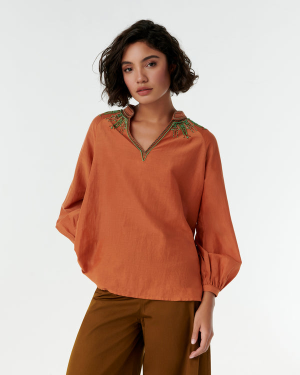 emporio sirenuse Ilizia Blouse with Backgammon Embroidery