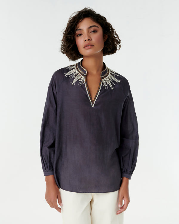 emporio sirenuse Ilizia Blouse with Greek Rooster Embroidery