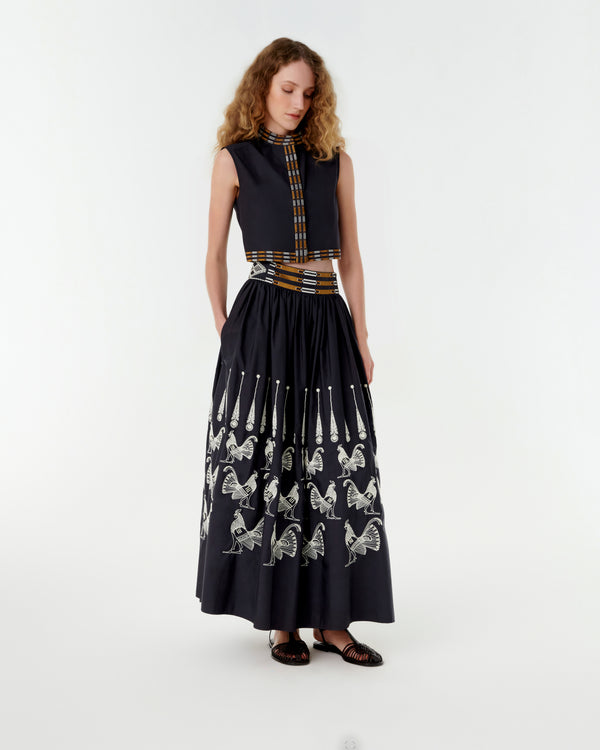 emporio sirenuse Ombretta Skirt with Greek Rooster Embroidery